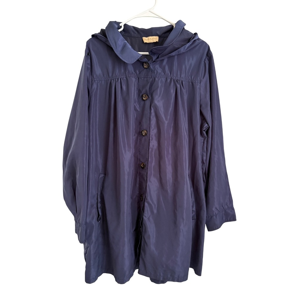 Vintage Kate Kasin Womens XXL Navy Blue Hooded Raincoat Jacket Button Front
